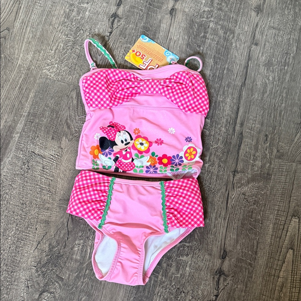 Disney Pink Girls Two-Piece Swim Set with Gingham Bow